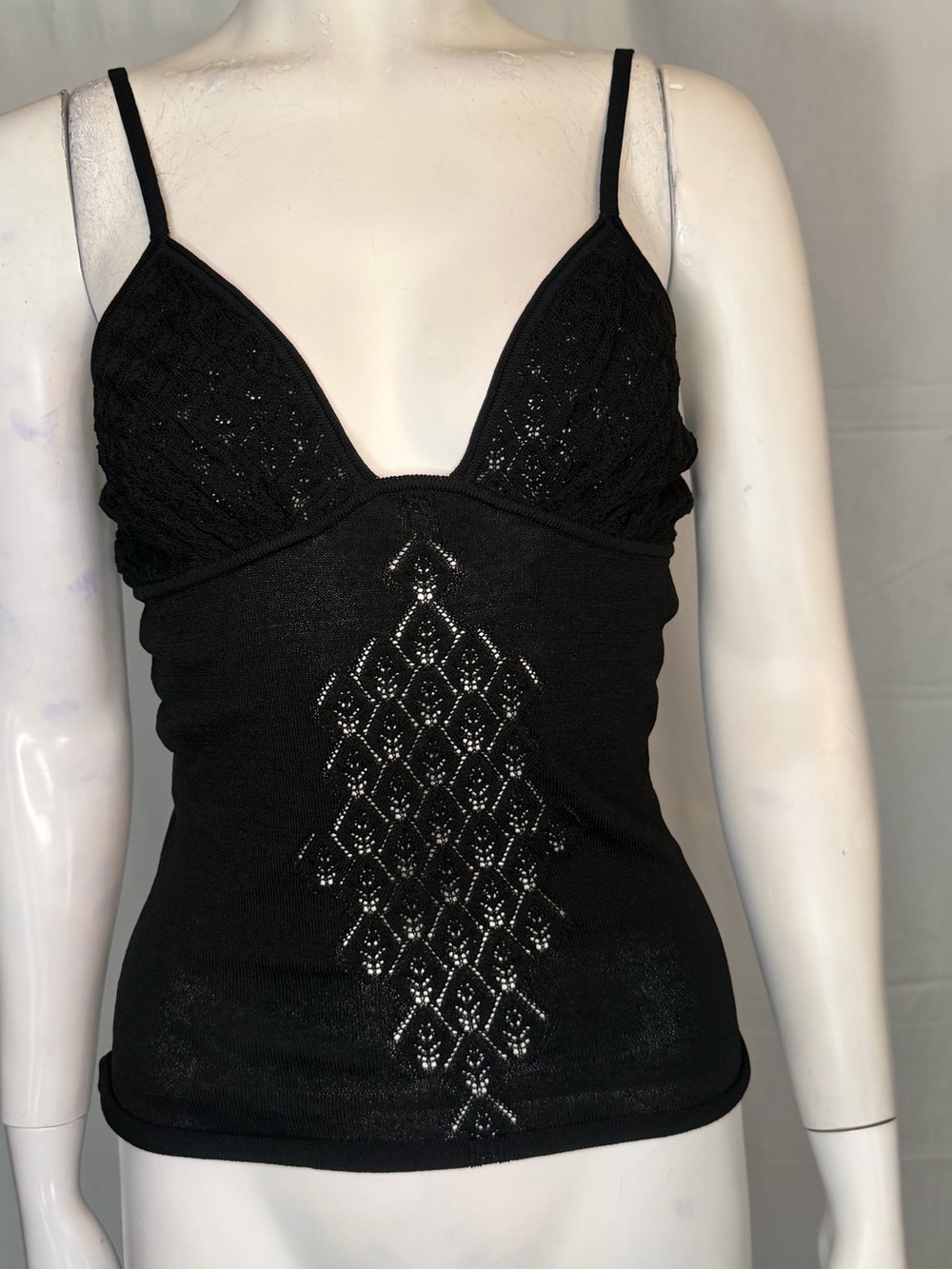 Catherine Malandrino Black V-Neck Knit Camisole with Diamond Eyelet